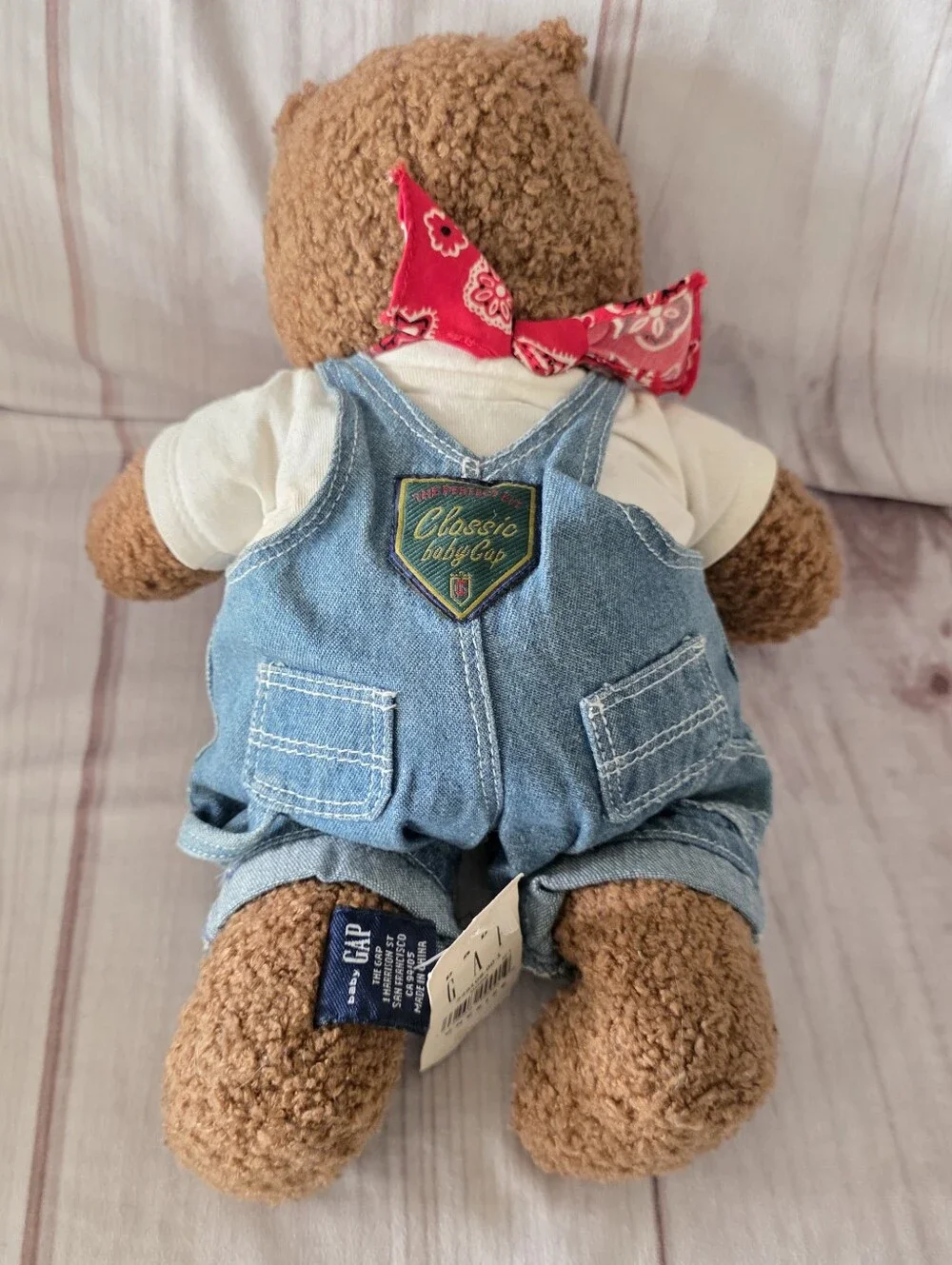 Baby Gap Brannan Teddy Bear Plush Toy Curly Brown Denim Overalls 13 Inch